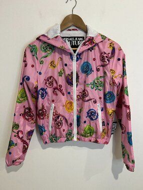 VERSACE Jeans Couture Barocco Pink Windbreaker Hooded Jacket size US 2 Small